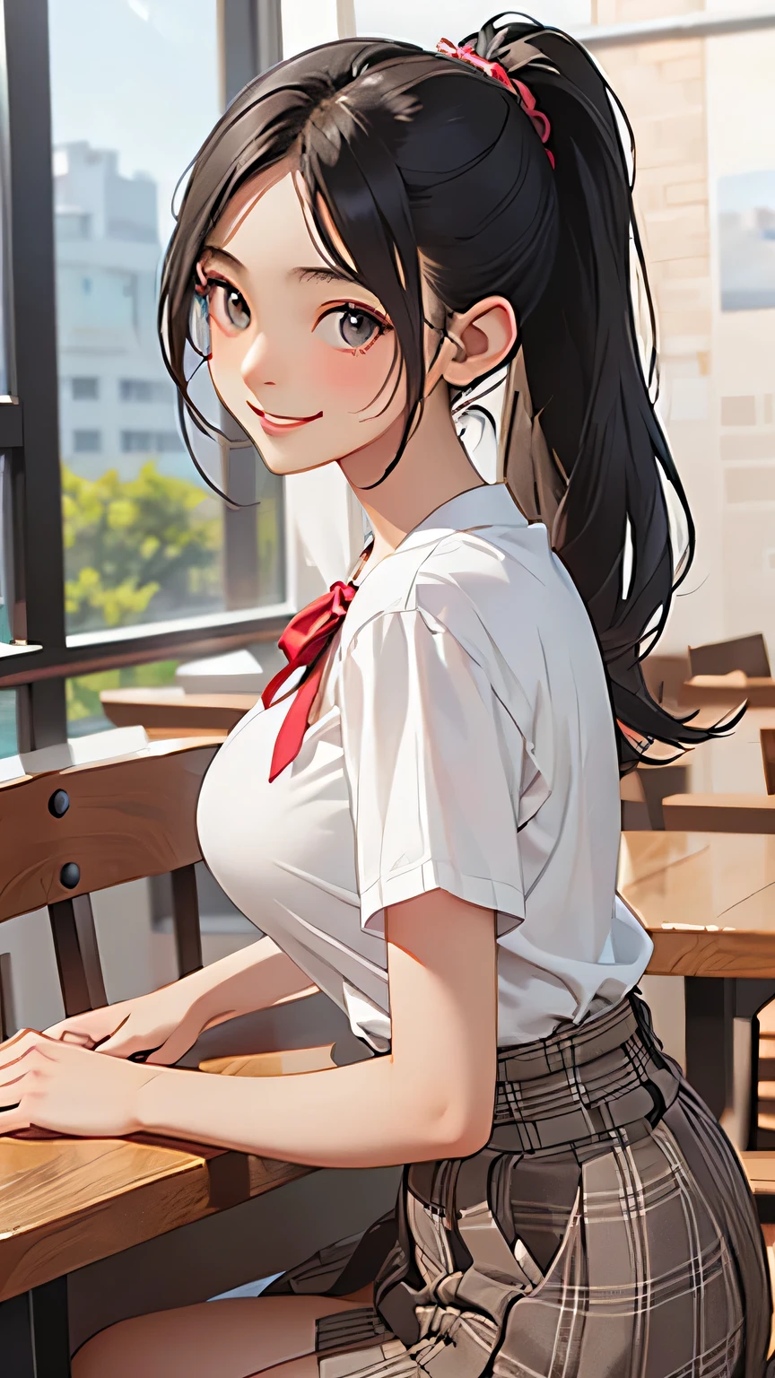 highest quality、Realistic、woman、Cafe、Gray Eyes、ponytail、all back、Black Hair、White short sleeve blouse、Red checked pleated skirt、Tanned black body、Tan Skin、Brown black skin、Dark skin、slender、Large Breasts、smile、Bust Shot