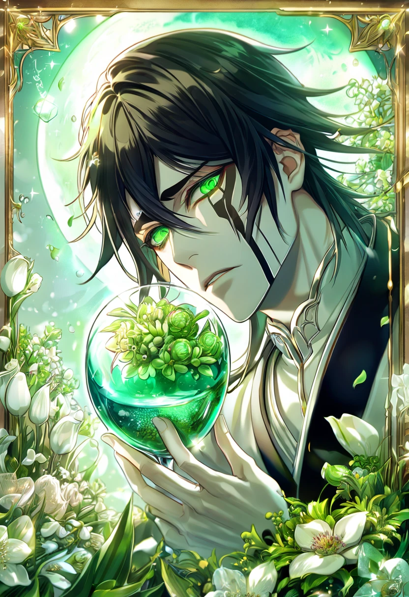 absurdres, highres, ultra detailed, HDR, master piece, best quality, extremely detailed, Ulquiorra Cifer, black hair, expressive green eyes, Bleach, solo, sexy man, handsome, pale skin, white clothes, magical, fantasy, glittering, sparkling, glass, blossoms, green flowers, green petals, water, green moon