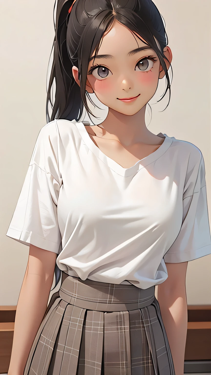 highest quality、Realistic、woman、Cafe、Gray Eyes、ponytail、all back、Black Hair、White short sleeve blouse、Red checked pleated skirt、Tanned black body、Tan Skin、Brown black skin、Dark skin、slender、Large Breasts、smile、Bust Shot