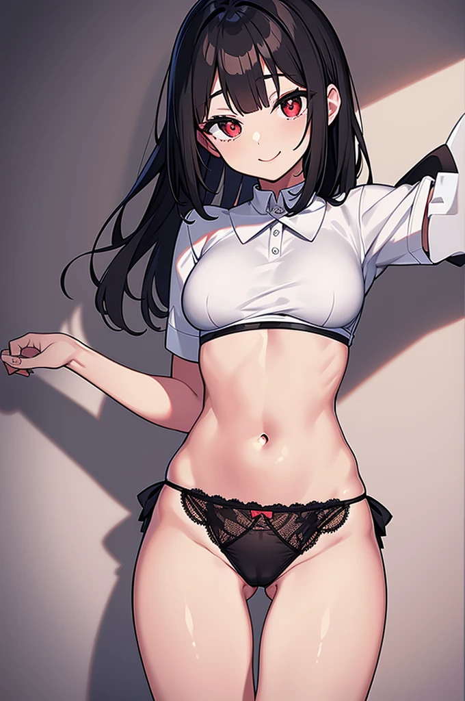 A girl, cute, thin, beautiful, smile, charming smile, midriff-baring dress, bow on the dress, white short top, suspender panties, lace panties, long ponytails, navel, Lolita style, camel toe, pubic mound, white shirt, black bow, brown hair, exposed navel, bare legs, cross, black hair, white briefs, exposed navel shirt, charming smile, elegant, red hairpin, twin ponytails, red eyes, red Pupils, smooth skin, just the right bangs, standing, kind, gentle, fair skin, night, fine characterization, extreme details, light and shadow coordination, precise body proportions, (correct proportions of facial features), (exquisitely carved face), epic General works, 8K