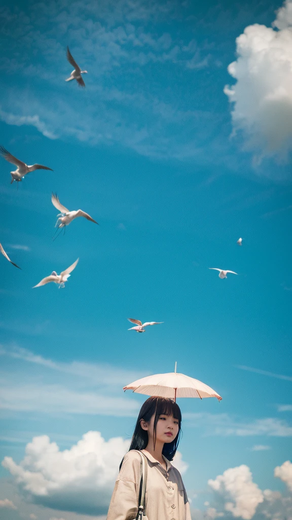 ((crane))、bird、after the rain、Cloudy、1girl,from below