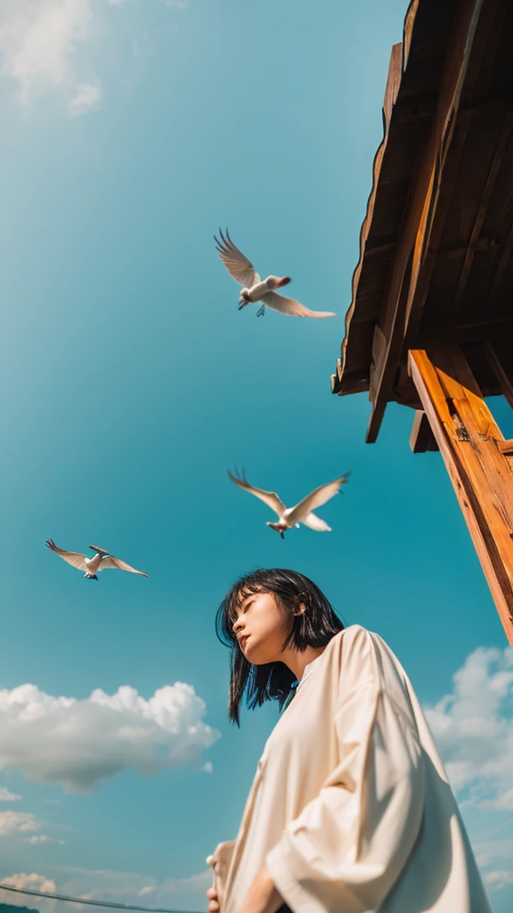 ((crane))、bird、after the rain、Cloudy、1girl,from below