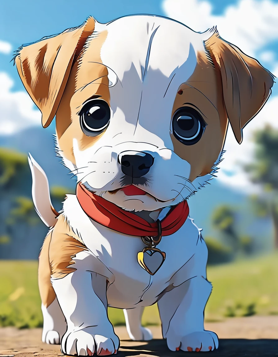 A cute baby puppy standing on two legs facing forward(Make it anime style)