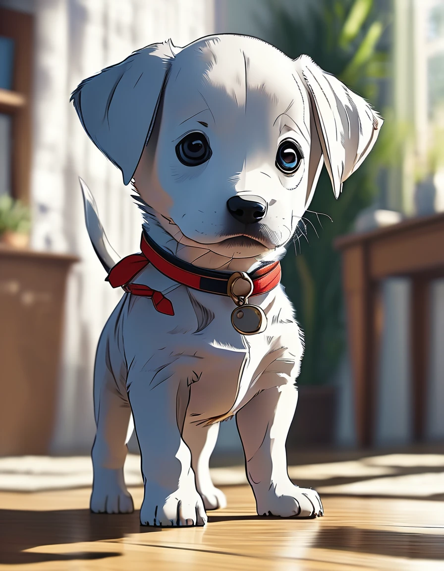 A cute baby puppy standing on two legs facing forward(Make it anime style)