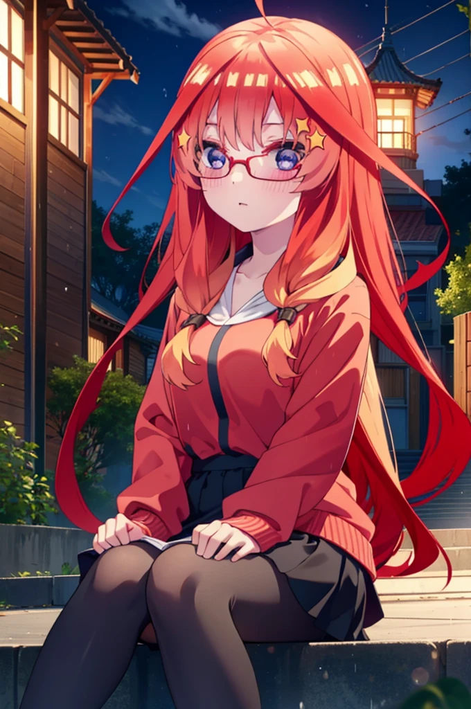 itsukinakano, itsuki nakano, bangs, blue eyes, Hair between the eyes, Ahoge, Redhead, star \(symbol\), hair ornaments, star hair ornaments,Braid,Baseball hats,Red-rimmed glasses,Oversized red hoodie and long skirt,Black pantyhose,short boots,Hiding in a roofed building,Sitting on the steps of a roofed building,rain,night,whole bodyがイラストに入るように,
break outdoors, Alley,
break looking at viewer, whole body,
break (masterpiece:1.2), Highest quality, High resolution, unity 8k wallpaper, (figure:0.8), (Beautiful attention to detail:1.6), Highly detailed face, Perfect lighting, Highly detailed CG, (Perfect hands, Perfect Anatomy),