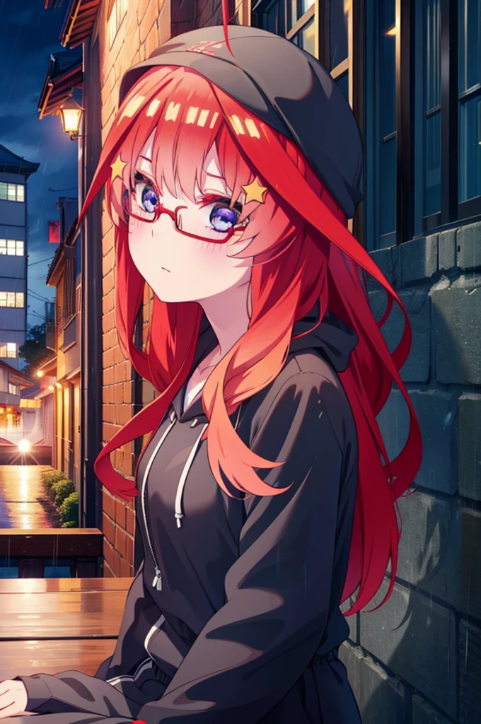 itsukinakano, itsuki nakano, bangs, blue eyes, Hair between the eyes, Ahoge, Redhead, star \(symbol\), hair ornaments, star hair ornaments,Braid,Baseball hats,Red-rimmed glasses,Oversized red hoodie and long skirt,Black pantyhose,short boots,Hiding in a roofed building,Sitting on the steps of a roofed building,rain,night,whole bodyがイラストに入るように,
break outdoors, Alley,
break looking at viewer, whole body,
break (masterpiece:1.2), Highest quality, High resolution, unity 8k wallpaper, (figure:0.8), (Beautiful attention to detail:1.6), Highly detailed face, Perfect lighting, Highly detailed CG, (Perfect hands, Perfect Anatomy),