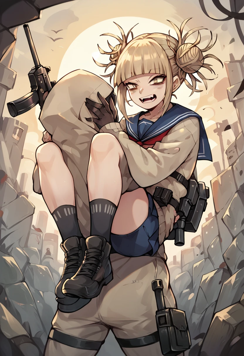 Himiko toga in a war zone while carrying a large high caliber sniper (whole body)