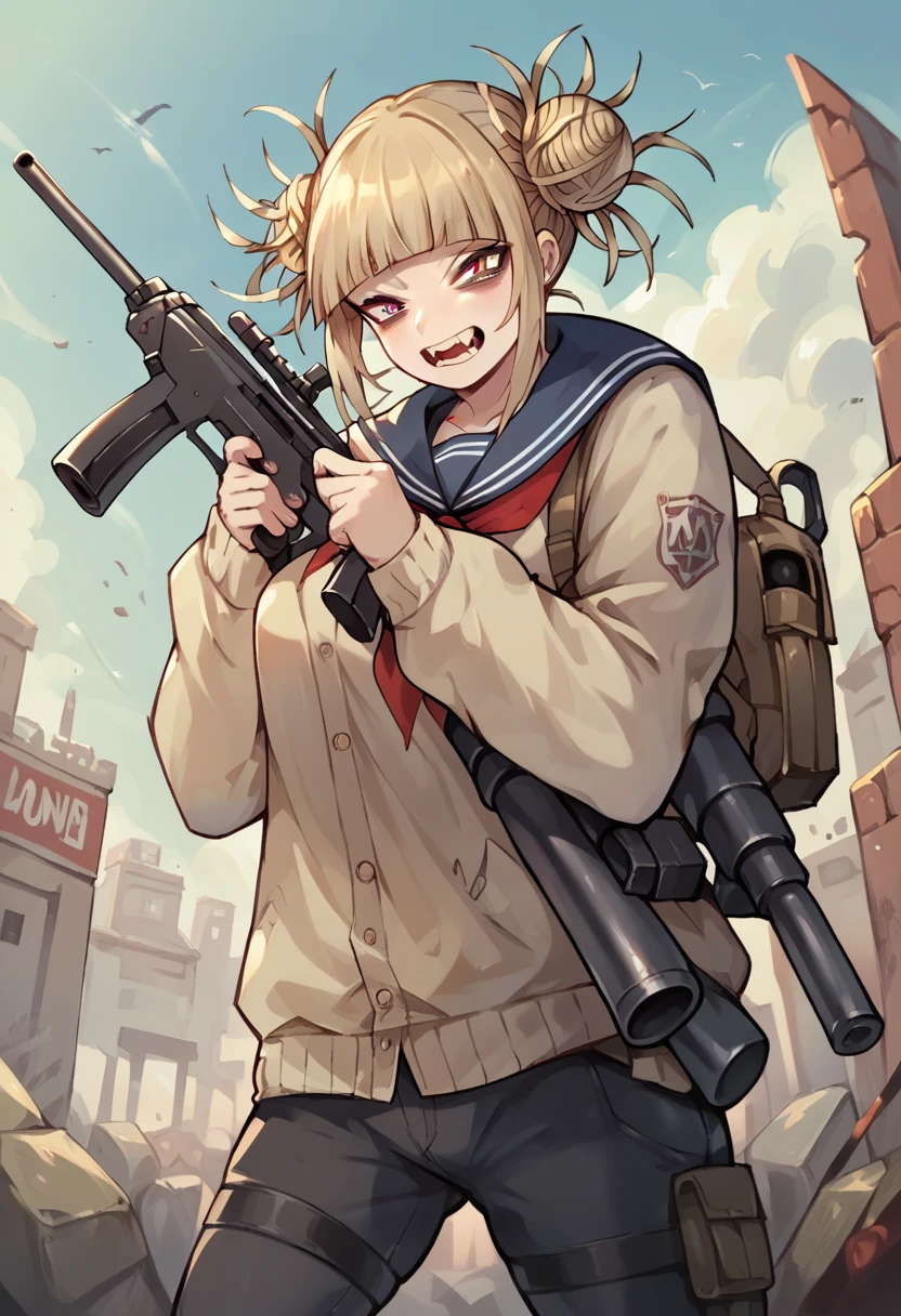 Himiko toga in a war zone while carrying a large high caliber sniper (whole body)