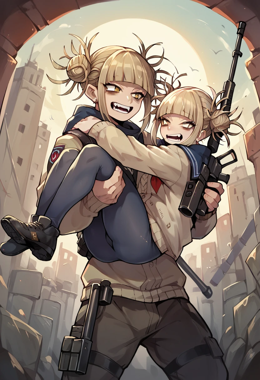 Himiko toga in a war zone while carrying a large high caliber sniper (whole body)