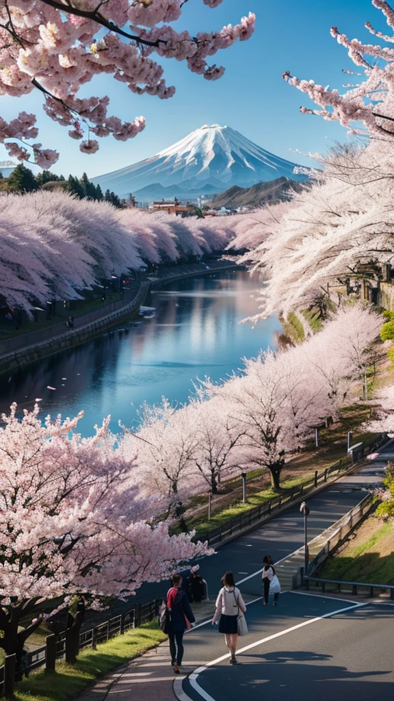 Pedestrians walking on the road, Where the cherry blossoms bloom，Mount Fuji in front，Small river next to it