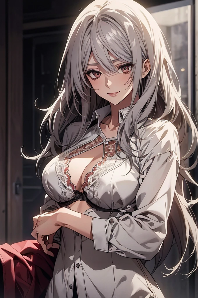 (Highest quality, High resolution, Very detailed), 1 female, Silver Hair, Long Hair, Reddish brown eyes, shirt, lace bra, Take off your shirt, Large Breasts, 20th generation, Beautiful woman, A shy smile, quiet, Calm, venue