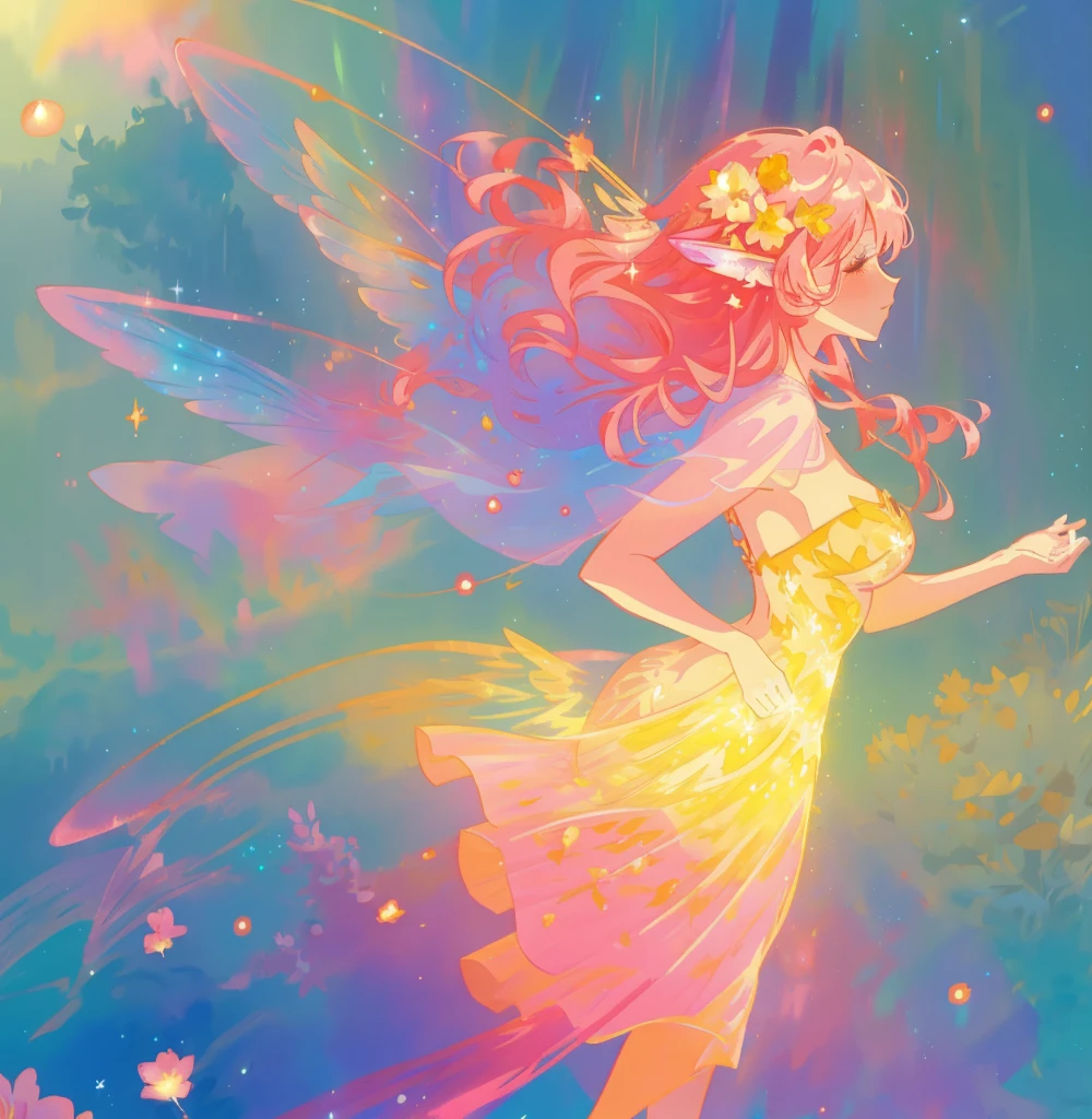 beautiful fairy girl in a sparkling layered dress, long flowing pink peach red hair, (large sparkling colorful fairy wings on her back), colorful fantasia background, flowers meadow, watercolor illustration, disney art style, glowing aura around her, glowing lights, beautiful digital illustration, fantasia otherworldly landscape plants flowers, beautiful, masterpiece, best quality, anime disney style, beautiful face, golden ratio