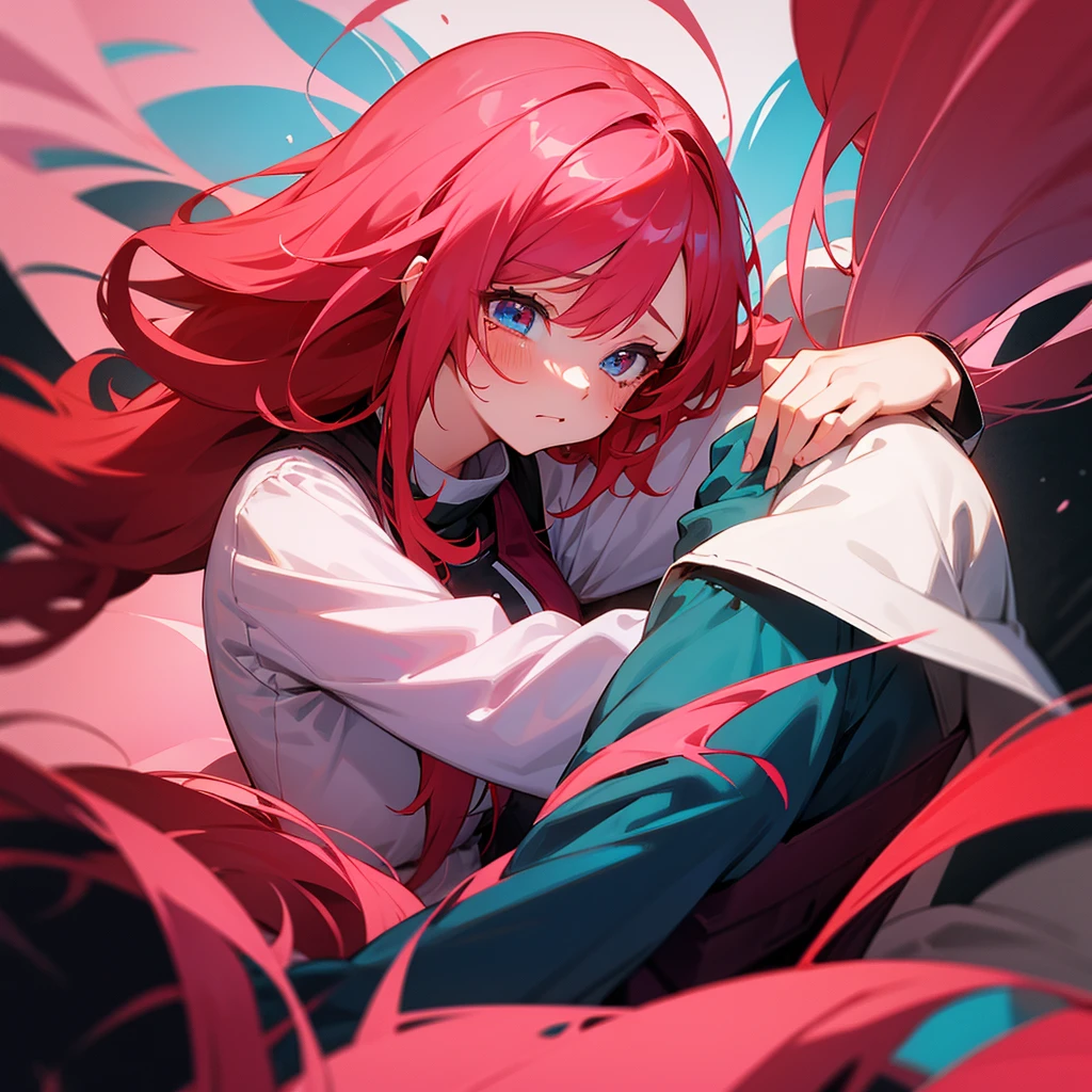 A girl with red hair and red eyes hugging another girl with pink hair and blue eyes crying