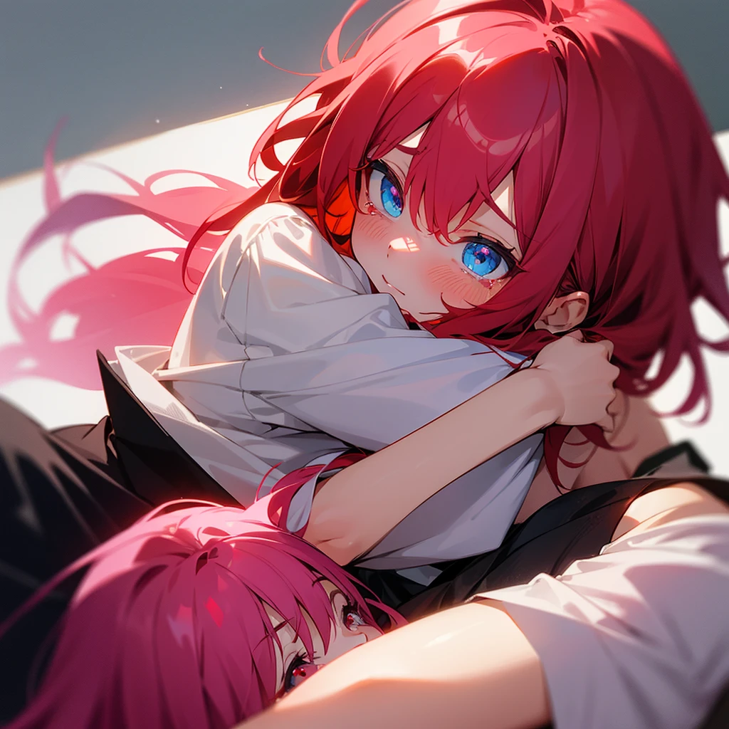 A girl with red hair and red eyes hugging another girl with pink hair and blue eyes crying