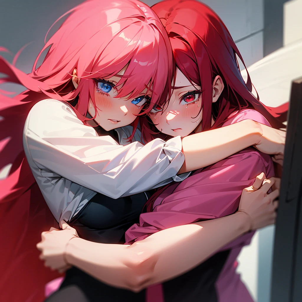 A girl with red hair and red eyes hugging another girl with pink hair and blue eyes crying 