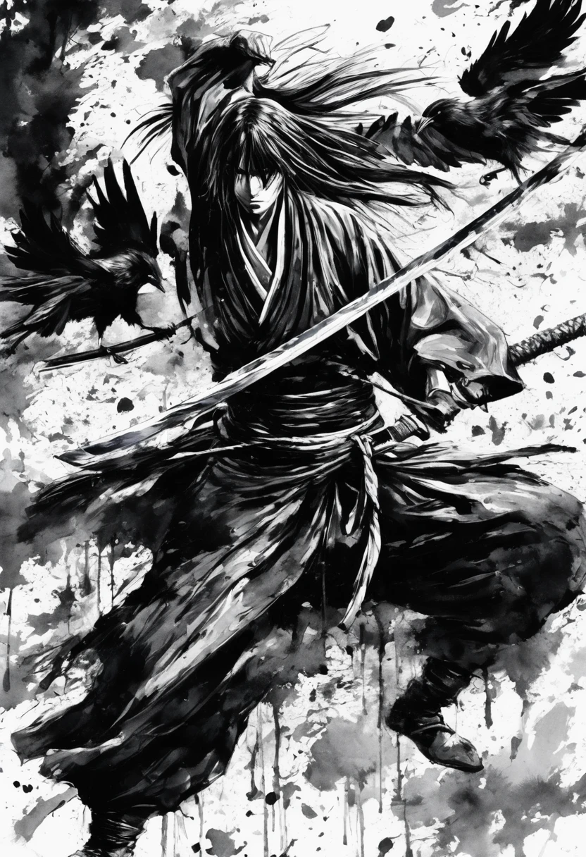 Ink painting,Ink Painting,Black and white painting,splash,Anime Rurouni Kenshin,main character、Kenshin Himura,Black Costume,(multiple crows:1.2),(acrobatic pose,Detailed depiction of intense sword fighting scenes:1.2),