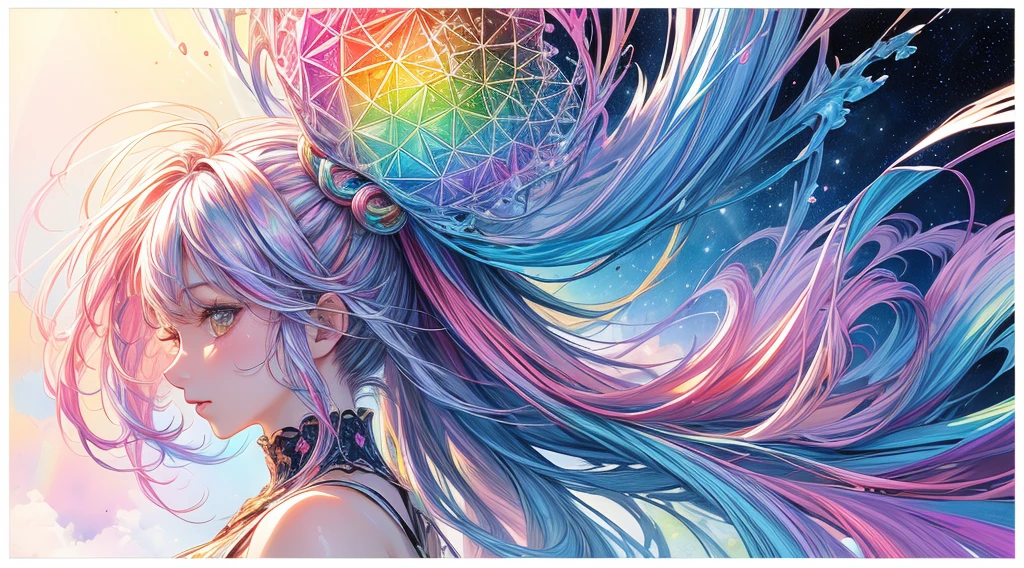The best dynamic composition、(masterpiece, top quality, best quality,watercolor (medium),official art, beautiful and aesthetic:1.2),(1girl:1.3), (Fractal Art:1.3),upper body, from side, looking at viewer,patterns,(rainbow color Hair,colorful hair,half blue and half pink hair:1.2),water,liquid, cloud,colorful, starry,stars,