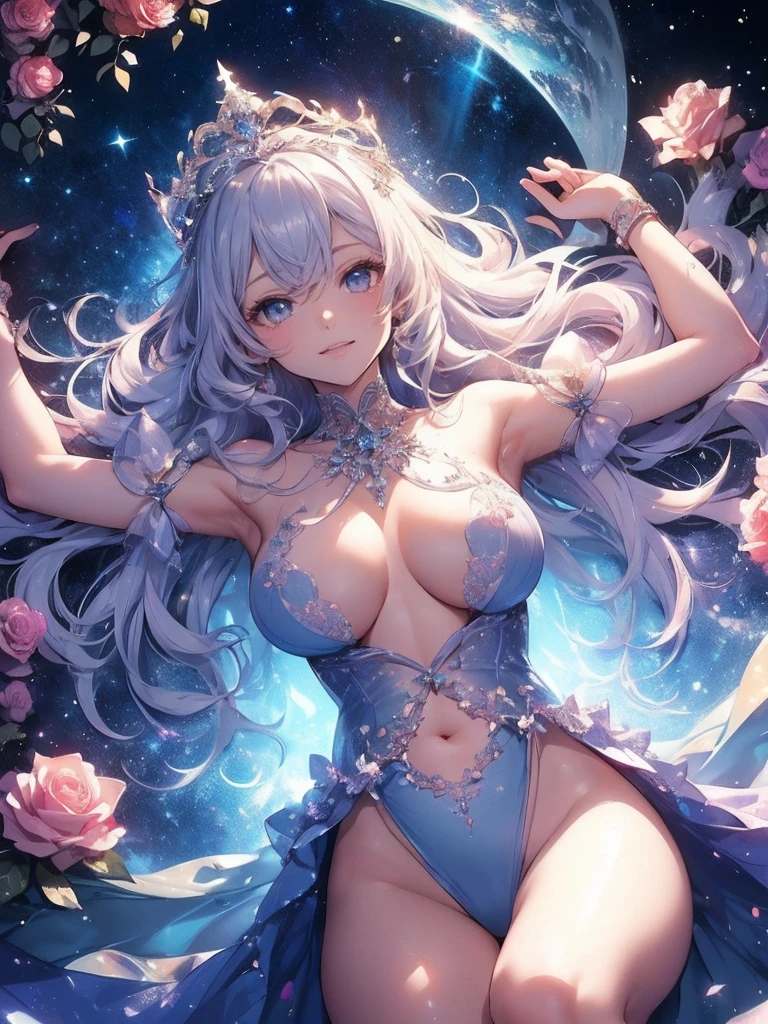 最high quality、Bigger on the screen、1 beautiful woman,Elf ((sleep on your back,))Completely naked、Beautiful nipples、share、((full nude2.0))Ice decorated tiara、宇宙空間に浮いている Bold composition、universe space world、Floating and sleeping in space、Lots of snowflakes、Bold composition、Lying down in space、Wet、Beautiful groin、Looking up in space, looking at you、Beautiful nipples、detailed groin、、Blushing、、Ecstasy、Beautiful thighs、Filled with red roses、 E.G: Worst quality ,flower fractal fine art、Fill the screen with flowers、Bigger on the screen、Lie on your back and face this way、Beautiful Eyes、With your legs apart、Beautiful Eyes,High-definition depiction, Realistic, 8K, Unity, , light smile, Beautifully and vividly drawn, , Beautiful, beautiful, clear skin、sexly  nude ,sexly 、Ecstasy、 Raise your arms behind your head,  Romanticism,mosquito。 The most beautiful form of chaos, Mr..々Farbe, Intertwined flowers, P article,Magical gentle light,smile,sexy,image quality、masterpiece、Beautiful Face、Super beautiful woman((Big breasted 22 year old office lady、Bust 120,Beautiful long ironed hair、Silver Hair、height: 165cm。、sexy、Esbian、high quality、Beautiful decoration、Visual Arts、最high quality、1 woman E.G: Worst quality ,Flower fractal art、、Beautiful radiance,High-definition depiction, Realistic, 8K, Unity, , light smile, Beautifully and vividly drawn, , Beautiful, beautiful, clear skin、sexly Countless rays of light pouring down, Swirling Light, , Raise one arm above your head, Intense light is emitted from the magic starry circle  front of the girl. Romanticism,: The most beautiful form of chaos, Mr..々Farbe, Intertwined flowers, Particle,magical gentle light,smile,sexly,image quality、masterpiece、Beautiful Face、Super beautiful woman((Big breasted ,Beautiful 、sexly、Esbian、、high quality、Visual art、Written boundary depth、、、universe、Happy smile、、、elegant、ticker beautiful decorative、、magic、、A kind smile、wonderful、Fluttering petals、、Cultivate fantasy、、、art、art,mystery,Ultra-high resolution,atmosphere 最high quality、((sleep on your back))nsfw、Erotic