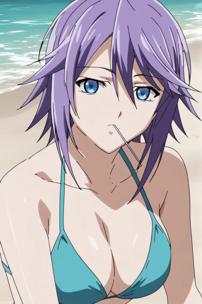 score_9, score_8_up, score_7_up, source anime, prefect lighting, 
1girl, shirayuki mizore, rosario+vampire, short hair, blue eyes, big breasts, mizoreyuki, purple hair, anime coloring, anime screencap, smilling, looking at viewer, Lollipop ,anime coloring, anime screencap, Beach, a bikini, A cyan bikini