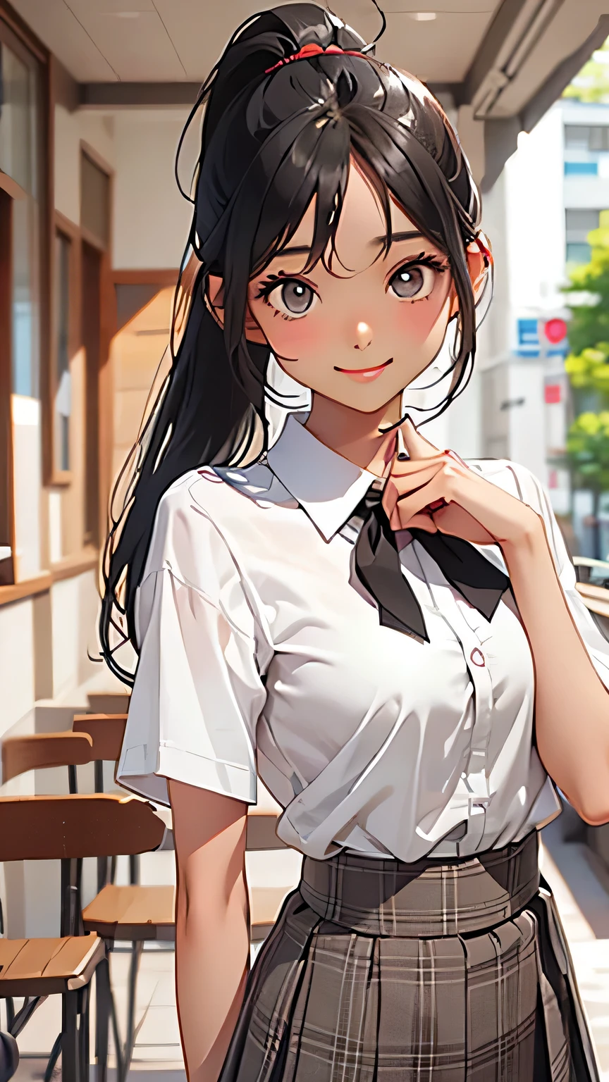 highest quality、Realistic、woman、Cafe、Gray Eyes、ponytail、all back、Black Hair、White short sleeve blouse、Red checked pleated skirt、Tanned black body、Tan Skin、Brown black skin、Dark skin、slender、Large Breasts、smile、Bust Shot