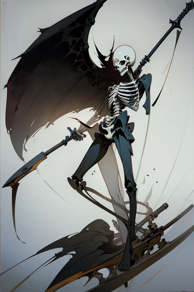 A painting of a skeleton holding a sickle and a scythe, Line drawings inspired by Ryuji Kawabata, Art Station, Empty heart, Scythe design, the Angel of Death, Angel of Death, Full body concept, Spooky and gloomy art style, Detailed but rough, Skeletal signs, detailed Full body concept, Grim Reaper Illustration