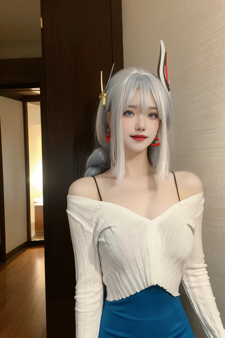 best quality, tmasterpiece,Ultra-high resolution,Clear face,(Reality:1.4),ferpect lighting,(upper body), (photorealistic:1.50), anime wallpaper, Guviz style artwork, cover-up fantasy up to magic , by Yang J, Guviz, beautiful artwork illustration, beautiful digital artwork, beautiful digital illustration, Li Song, beautiful anime portrait, art style in Beauvot, 1girl, 独奏, bangs, One braid hair, (white hair), Hair covers one eye, hair ornament, Earring, Blush, red cheeks, blue eyes, Double eyelids, Long sleeve white t-shirt, Bare shoulders, (super Giant breast:1.5), (shagging breasts:1.3), Short pencil skirt, Black skirt, standing, room, Background inside the house, looking at viwer, smile, Slim body, Arms behind back,