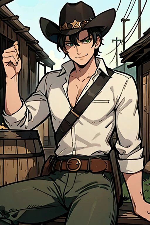 A black haired male cowboy with green eyes in a sheriff's outfit is smiling while sitting on a barrel in a wild west town