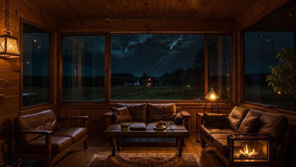 generate a rural area night view from wooden house windows of scenery. the windows size should be around glass wall size. Inside the house there's a wooden tables and cozy sofa, there's also a stove with firewood lighted inside the house