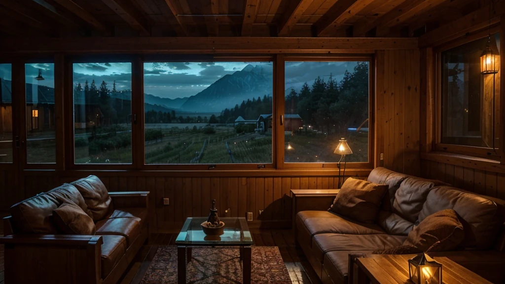 generate a rural area night view from wooden house windows of scenery. the windows size should be around glass wall size. Inside the house there's a wooden tables and cozy sofa, there's also a stove with firewood lighted inside the house