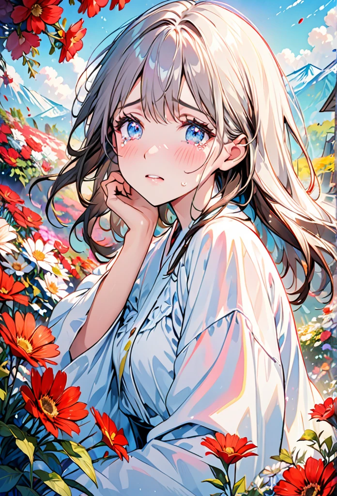 Beautiful girl cried,tears streaming down her cheeks,Lots of tears,eyes very focused,surrounded by beautiful flowers,Bright and vivid colors,high saturation,8K,Super fine,Rich details,A masterpiece of extreme detail,high quality