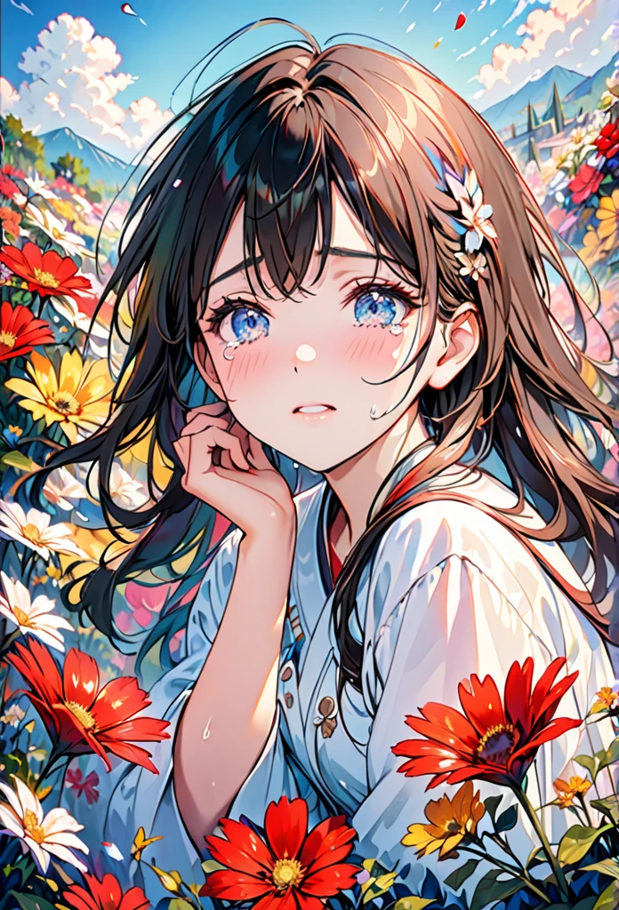 Beautiful girl cried,tears streaming down her cheeks,Lots of tears,eyes very focused,surrounded by beautiful flowers,Bright and vivid colors,high saturation,8K,Super fine,Rich details,A masterpiece of extreme detail,high quality