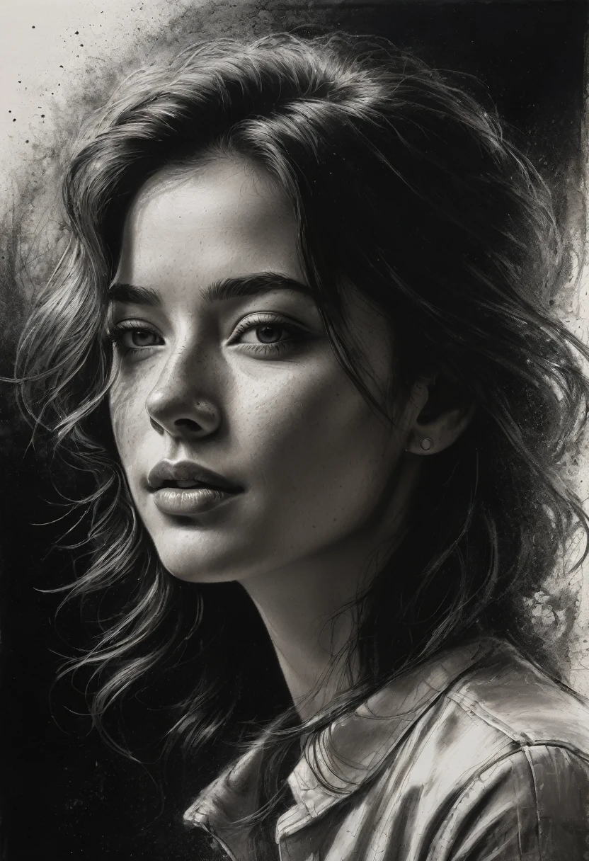 best qualityer, hyper realistic, ultra detali,realistic sketch:1.5,coal,portraite,paper texture,detailed facial features, freckles on the face, Shading and Highlights,dynamic composition,expressive traits,sharp contrast,highlights and shadows,black andwhite,emotion and expression of joy, Exquisite details,subtle textures,hand drawn,precise lines,fine arts,alto sharp contraste,dramatic lighting,qualified craftsmanship,aesthetic appeal,Polished finish,professionally executed