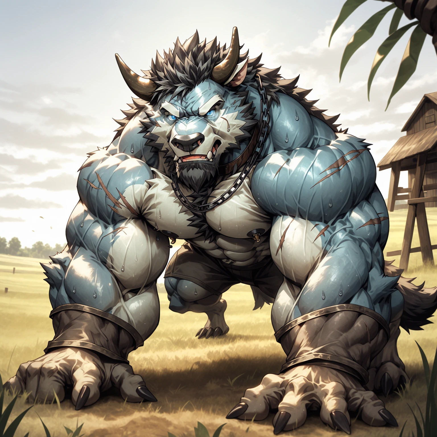 Sweating, muscular, Topless, Get on all fours, Holding farm tools, Cultivate the land, Anthropomorphic, chest hair, Serious expression, Daytime in the fields(scars in the face) Mature (blue eyes)Huge muscular, Well-developed abdominal muscles, wilderness, Wearing nipple rings and nipple covers, prisoner, Collar with chain, Ambitious, Sweaty black bull