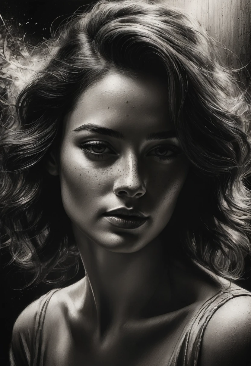 best qualityer, hyper realistic, ultra detali,realistic sketch:1.5,coal,portraite,paper texture,detailed facial features, freckles on the face, Shading and Highlights,dynamic composition,expressive traits,sharp contrast,highlights and shadows,black andwhite,emotion and expression of joy, Exquisite details,subtle textures,hand drawn,precise lines,fine arts,alto sharp contraste,dramatic lighting,qualified craftsmanship,aesthetic appeal,Polished finish,professionally executed