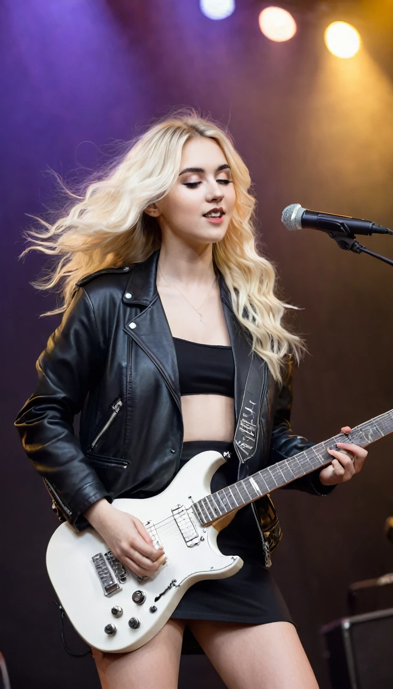 A beauty young woman with blonde hair and black jacket playing a white electric guitar for the audience on the stage