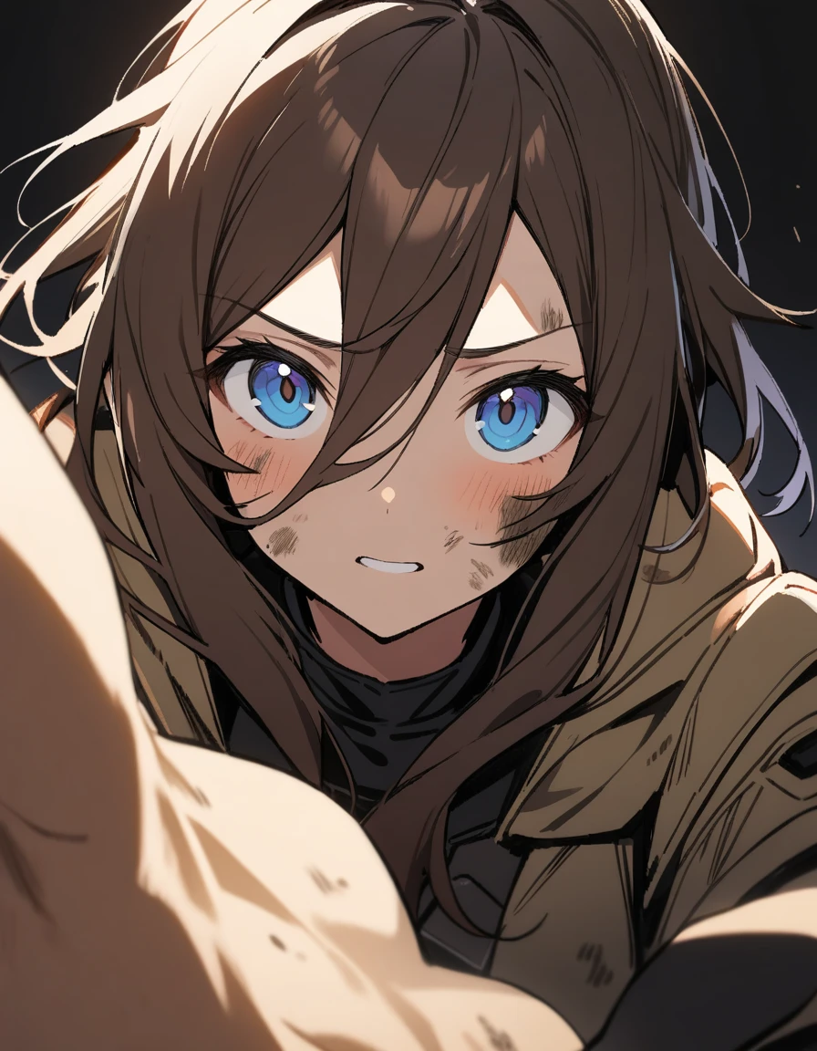 1 Girl, Amiya \(Ark of Tomorrow\), Ark of Tomorrow, Dirty face, Outstretched Hand, close up, angle, shorten, dark, dark background, masterpiece, best quality