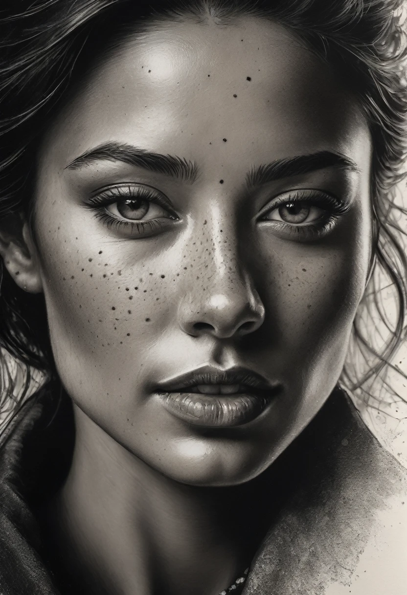best qualityer, hyper realistic, ultra detali,realistic sketch:1.5,coal,portraite,paper texture,detailed facial features, freckles on the face, Shading and Highlights,dynamic composition,expressive traits,sharp contrast,highlights and shadows,black andwhite,emotion and expression of joy, Exquisite details,subtle textures,hand drawn,precise lines,fine arts,alto sharp contraste,dramatic lighting,qualified craftsmanship,aesthetic appeal,Polished finish,professionally executed