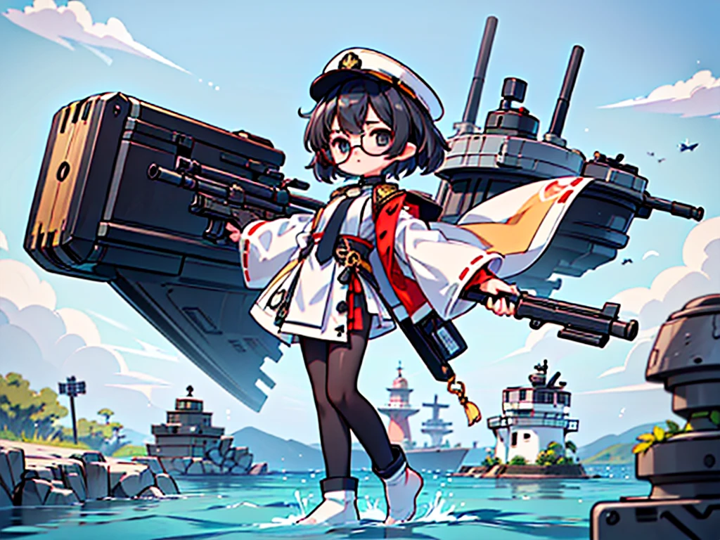 (((masterpiece, Vision))), ((((Full body of a woman with perfect flat chest、1 Female、solo、Short unkempt black hair、Tie your messy hair at the nape of your neck、white military jacket、Miko costume、black tights、Black glasses are black、White military cap、Cloudy black eyes、Confused eyes、Junyo-inspired emblem)))), (((Shipgirl))), ((Floating on the morning sea with both feet)), (Standing with your legs apart)), Aim, (Hold the shotgun turret grip with your right hand), (Four white mechanical tentacles extend from its back, each holding a turret.), (Equipped with a bridge on the back), (His left arm holds the grip of a triple machine gun),