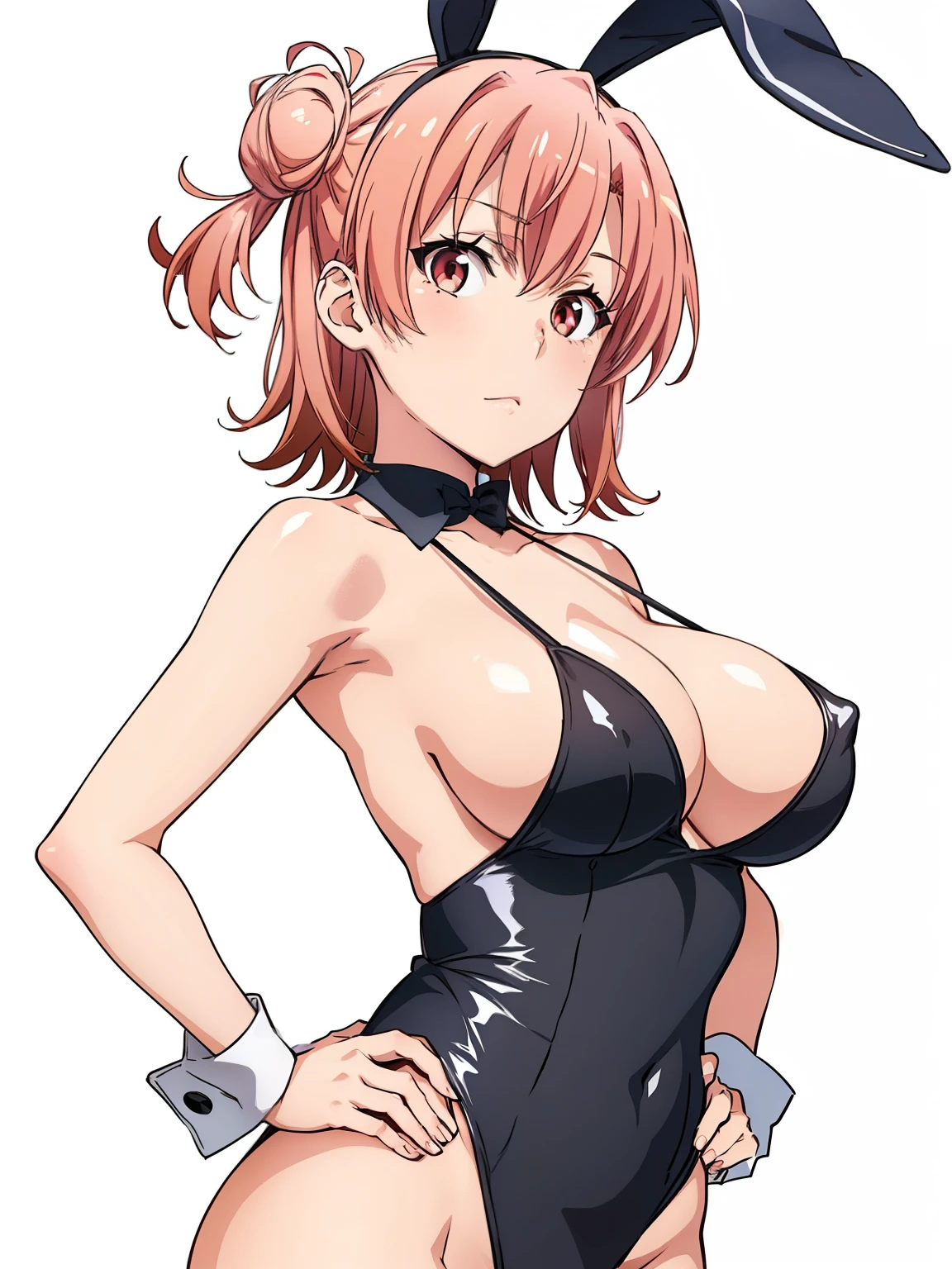 ((masutepiece, Best Quality, hight resolution, nffsw, Perfect Pixel, depth of fields, 4K, )), 1girl in, Solo, , Beautiful anime girl, Beautiful Art Style, close up, Looking at Viewer, Perfect body, Yuigahama Yui, Short hair, pink hair, hairbun, (large boob), black playboy bunny, star on face, hands on hip, blank white background, cowboy shot