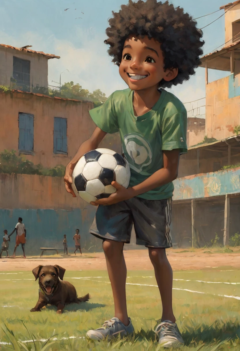 A poor Afro-Brazilian boy on a football field in Porto Alegre Rio Grande do Sul Brazil drawn by Todd McFarlane and Greg Capullo, he is wearing old and torn clothes, he is playing with a soccer ball and playing with his dog, a football field in the background, Robert Downey Jr Reference.., he plays with the football with the dog,He does a hang loose with both hands, a sign that is characteristic of surfers, engine unreal, octane rendering, por Jacob Lawrence e Francis picabia, perfect composition, beautiful detailed intricate insanely detailed octane rendering trending on artstation, 8k art photography, photorrealistic concept art, soft natural volumetric cinematic perfect light, Bright dark, rewarded photography, artwork, rafael, Greg Rutkowski, beetle, Beksinski, giger, a smile on the face with two large central incisor teeth, large, protruding gums, the detail, highy detailed, photo realist