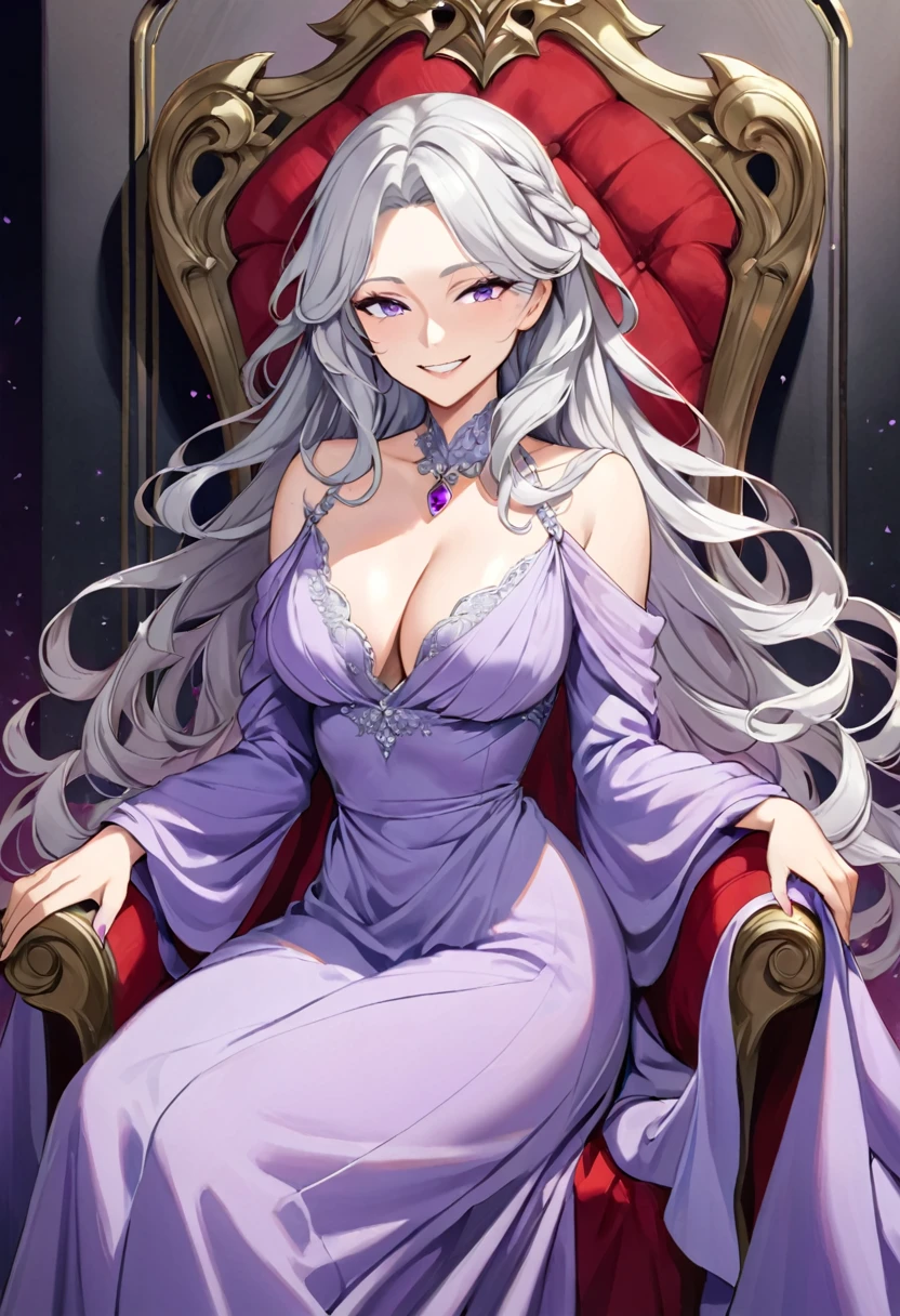 silver hair, long silver hair, wavy hair, soft purple eyes, female, large bust, long dress, lilac dress, modest dress, v neck, floor length dress, braided hair, perfect body, one person, adult, high quality, sitting, on throne, light purple eyes, all-knowing, grinning, smirk, a little devillish