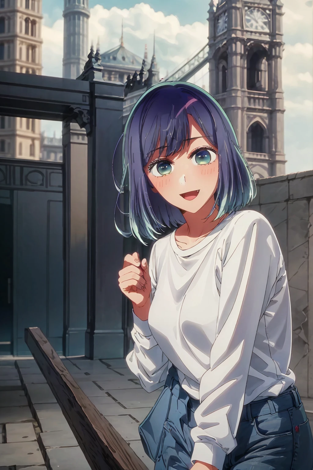 best quality, masterpiece, 1 girl, alone, very happy, too blushing, white t-shirt, blue pants, background of a London palace