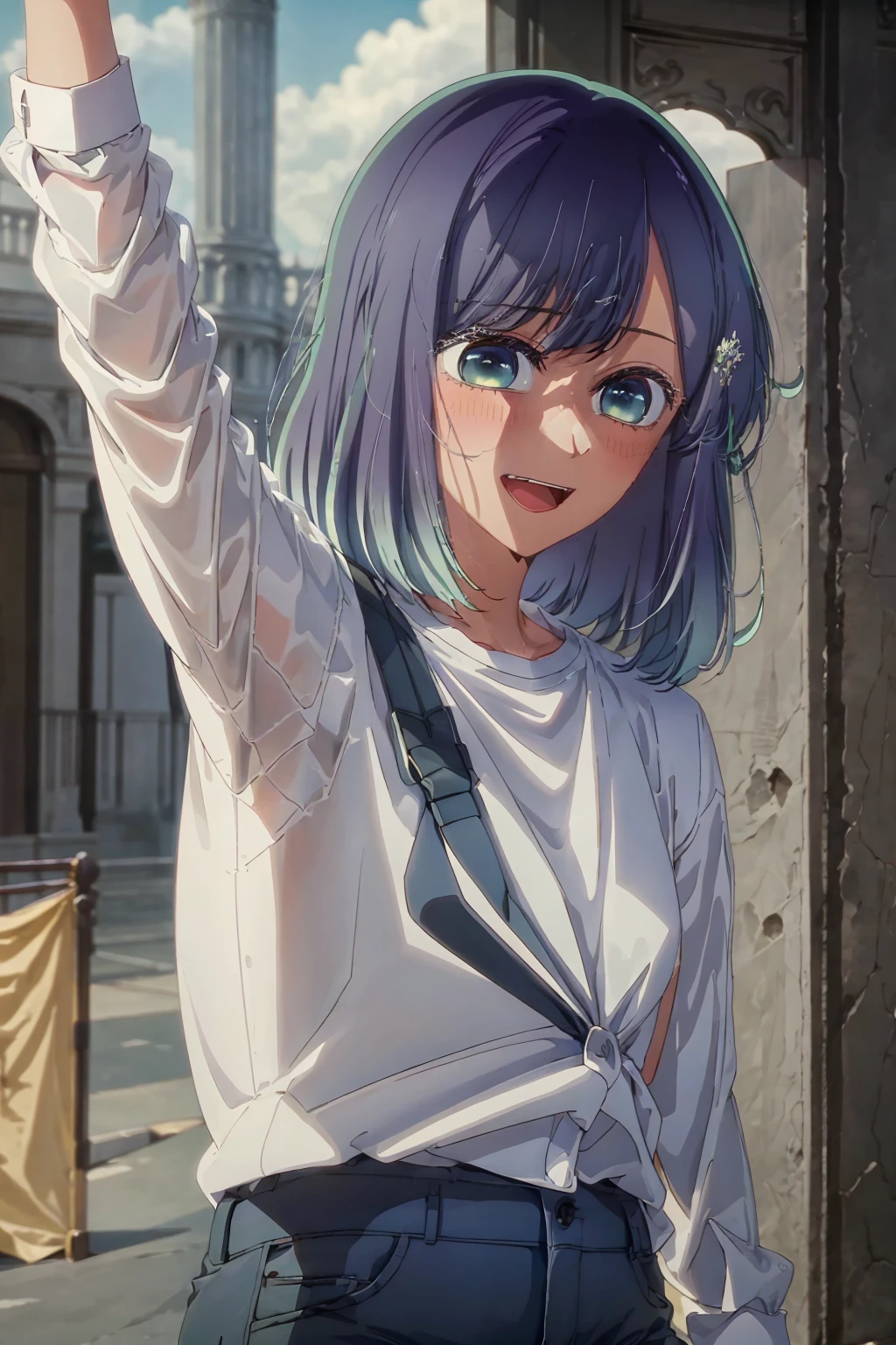 best quality, masterpiece, 1 girl, alone, very happy, too blushing, white t-shirt, blue pants, background of a London palace