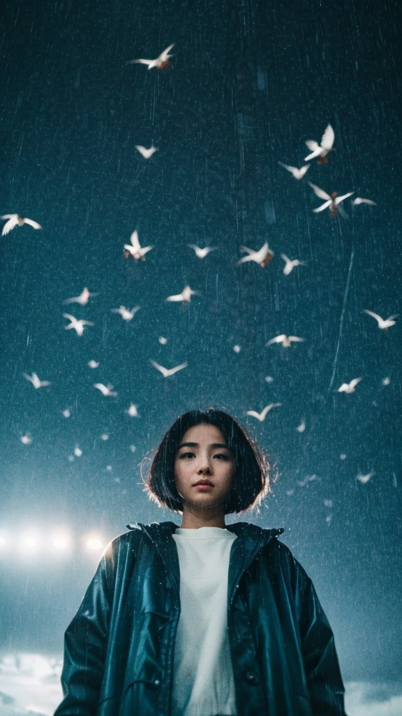 ((crane))、bird、Rainy Sky、1girl,from below