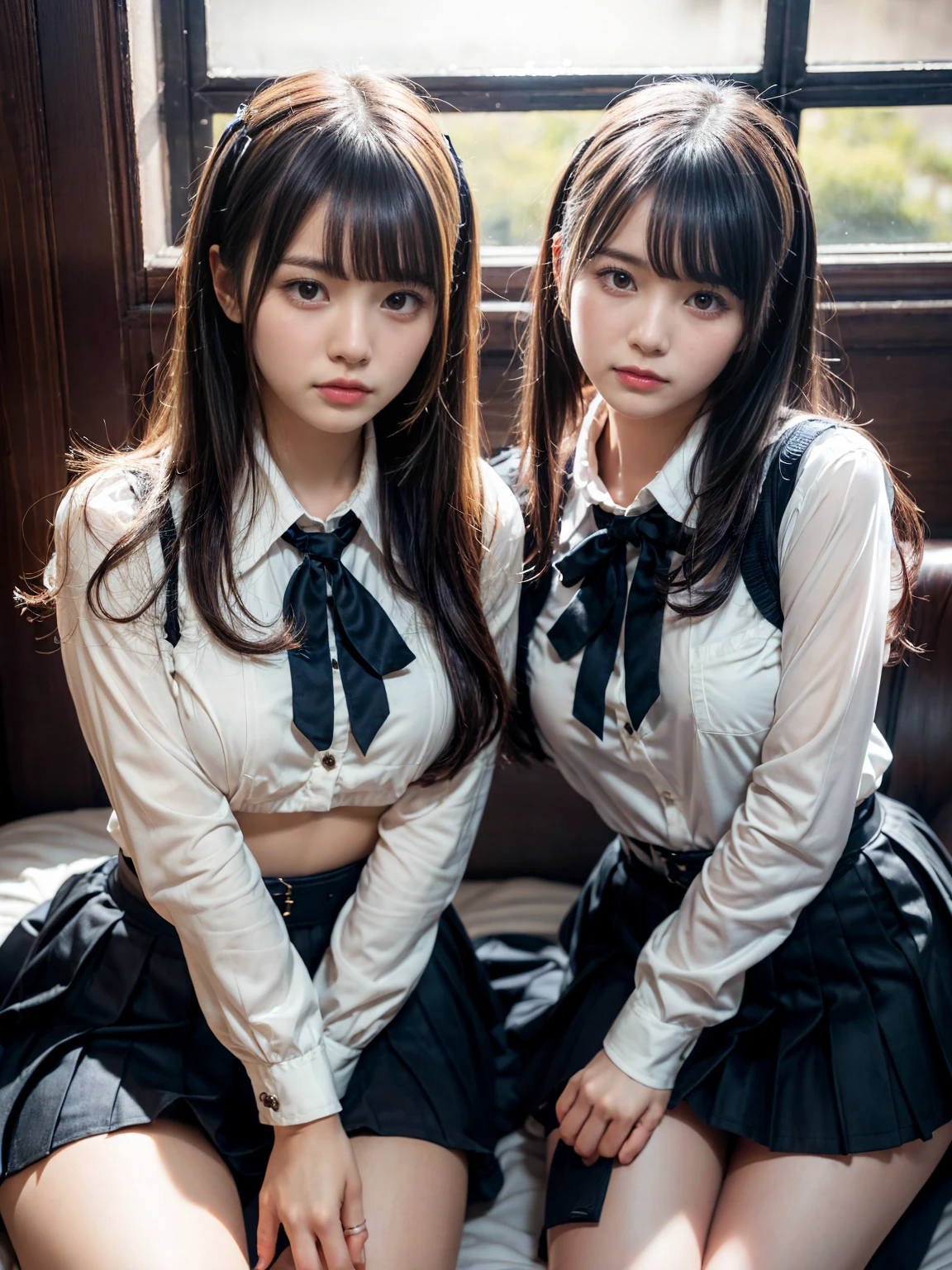 (8K, Raw photography, top-quality, masterpiece:1.2), muster piece, best quality, illustration, Super detailed, fine details, High resolution, 8K,wall paper, perfect dynamic composition,(Details High quality, realistic depiction of eyes:1.3), ((2 girls, 2 schoolgirls)), The background is a luxury hotel room、High school girl uniform、blazer 、Super Short Check Uniform Skirt、Navy blue high socks、garterbelts、Colossal tits、Disturbed uniform, Play with each other,Touching each other's bodies,Touching the body of the girl next door, short bob hair, black hair color, huge breasts, Big Natural Color Lip, bold sexy pose, (perfect body shape), crying a little、cold gaze, Harajuku style、Beautiful makeup,glitter makeup,Cutest 18 years old、 beautiful legs, hposing Gravure Idol, Voluptuous thighs