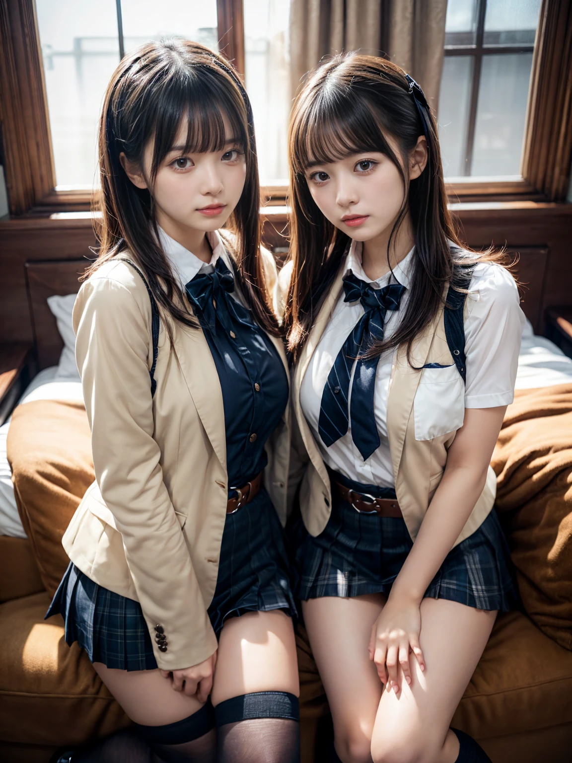 (8K, Raw photography, top-quality, masterpiece:1.2), muster piece, best quality, illustration, Super detailed, fine details, High resolution, 8K,wall paper, perfect dynamic composition,(Details High quality, realistic depiction of eyes:1.3), ((2 girls, 2 schoolgirls)), The background is a luxury hotel room、High school girl uniform、blazer 、Super Short Check Uniform Skirt、Navy blue high socks、garterbelts、Colossal tits、Disturbed uniform, Play with each other,Touching each other's bodies,Touching the body of the girl next door, short bob hair, black hair color, huge breasts, Big Natural Color Lip, bold sexy pose, (perfect body shape), crying a little、cold gaze, Harajuku style、Beautiful makeup,glitter makeup,Cutest 18 years old、 beautiful legs, hposing Gravure Idol, Voluptuous thighs
