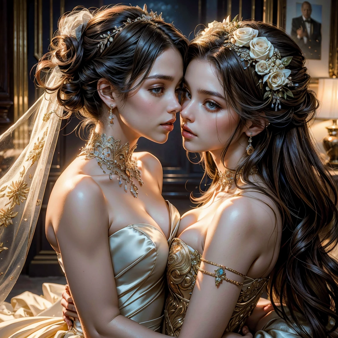 (masterpiece, highest quality, official art, beauty and aesthetic), perfect anatomy, two stunning bride is deeply in love with each other, kiss, flower