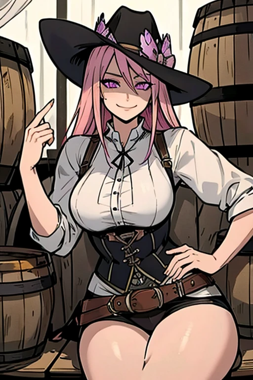 A pink haired female cowboy with violet eyes with an hourglass figure in a sheriff's outfit is smiling while sitting on a barrel in a wild west town
