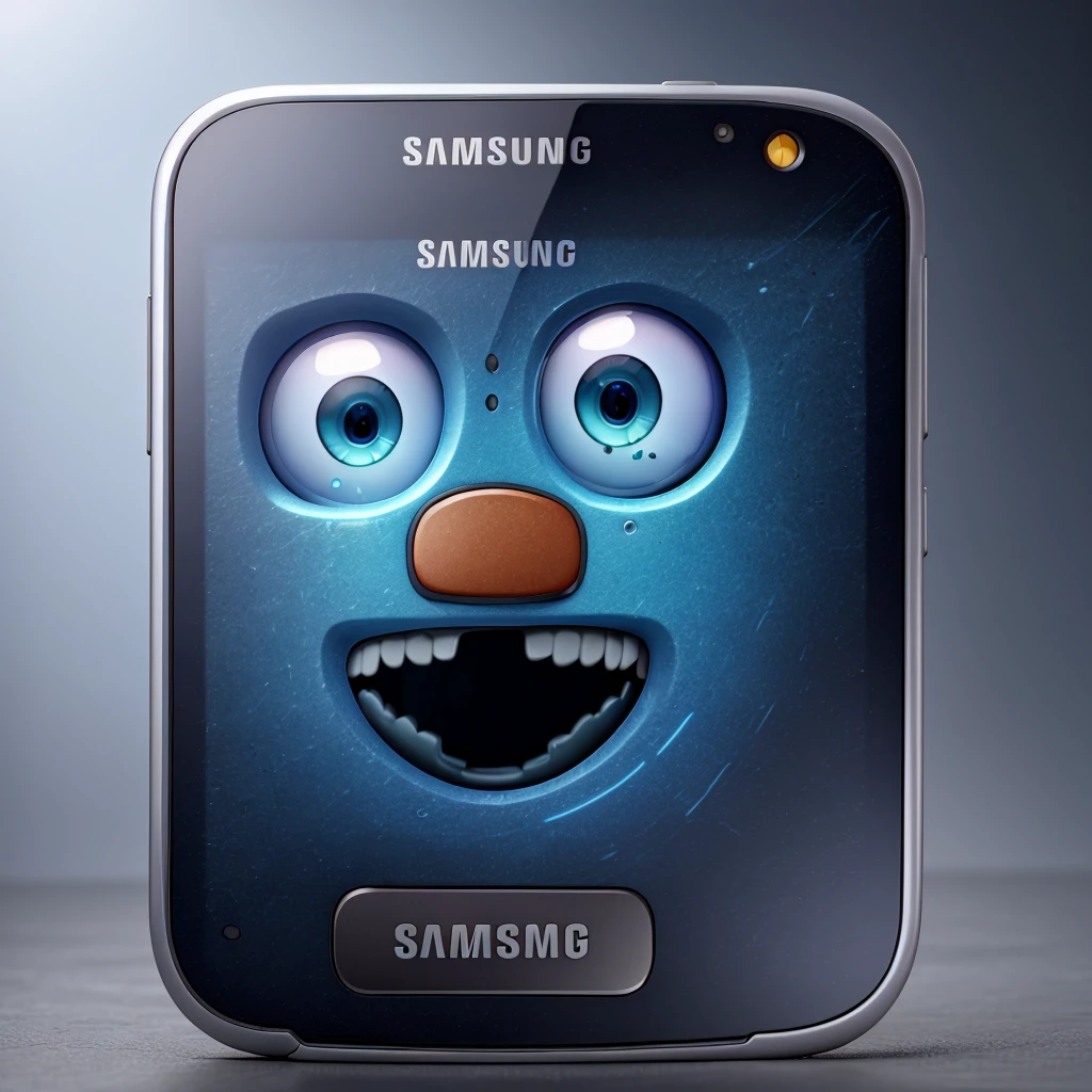 Samsung mobile phone comes to life and is ultra powerful ,eyes come out ,boca ,Clothes ,only metal and glass