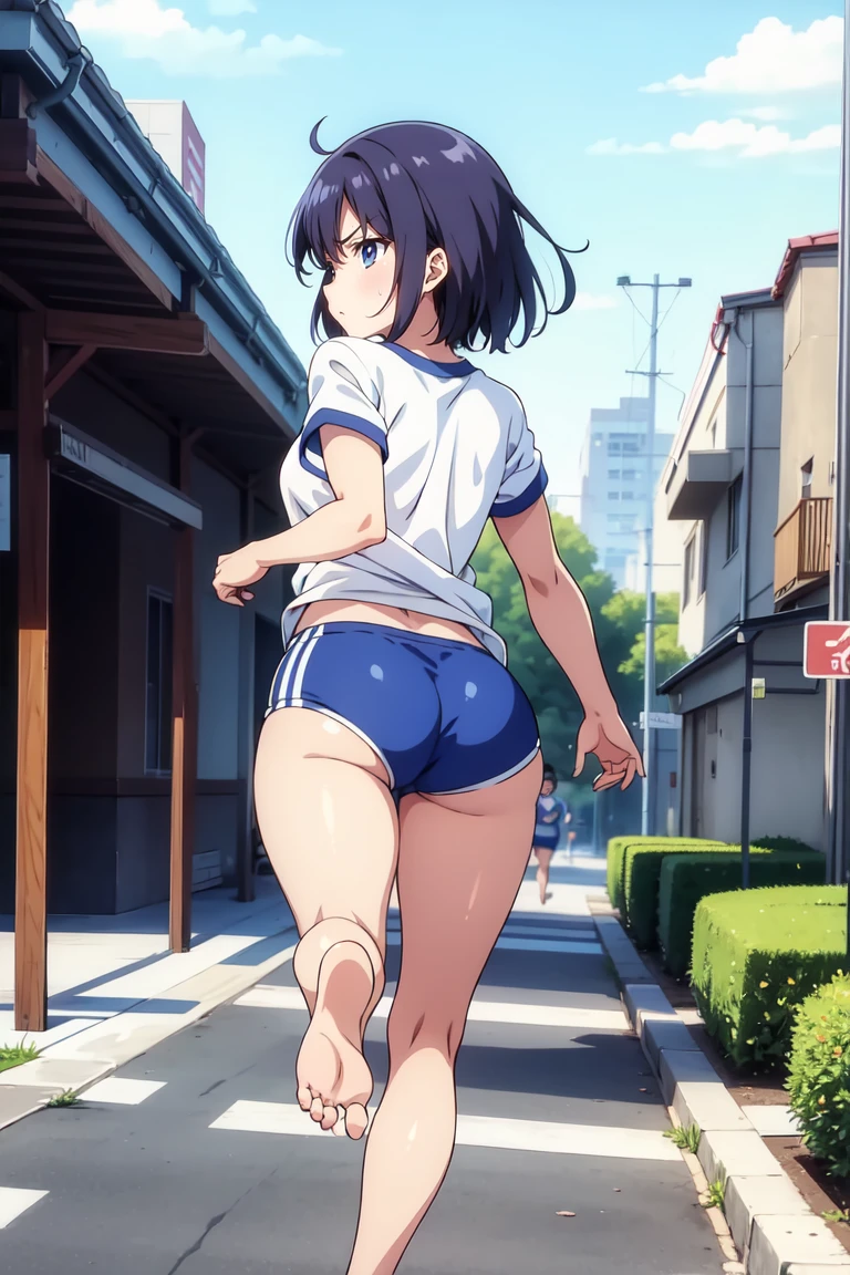 gym shirts,Highest quality,back view,1990s anime style,White shirt and blue bloomers,Angry expression,barefoot,girl,体操服とブルマを着たbarefootの女子たちの集団が、I run desperately through the schoolyard.,girlたちは素足です,girlたちは汗をかきながら、Running with a tired look,